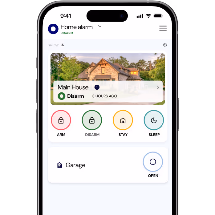 Smartphone screen displaying a home alarm app with status 'Disarm' for Main House and Garage open, featuring Arm, Disarm, Stay, and Sleep control buttons.