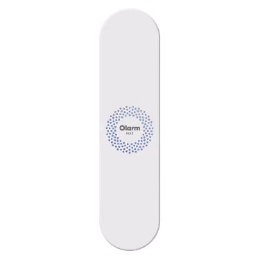 White Olarm Max smart security sensor with circular blue dotted logo in the center.