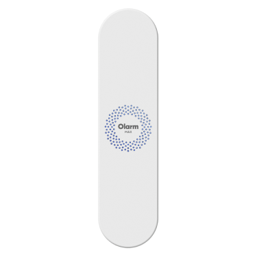 White Olarm Max smart security sensor with circular blue dotted logo in the center.