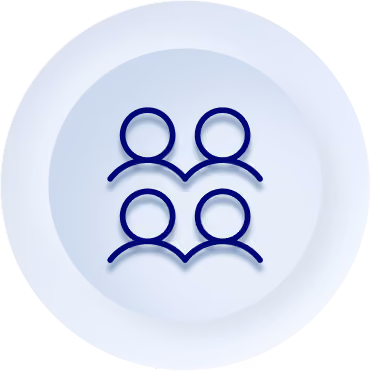 Icon of four outlined people arranged in two rows on a circular gradient background.