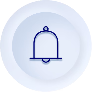 Blue outlined notification bell icon on a circular light blue gradient background.