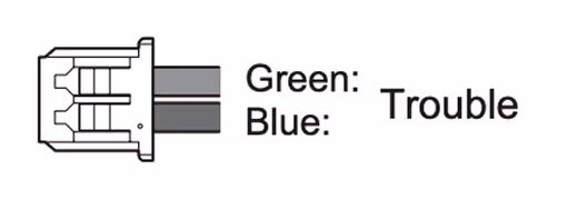 Electrical connector with green and blue wires labeled for trouble connection.