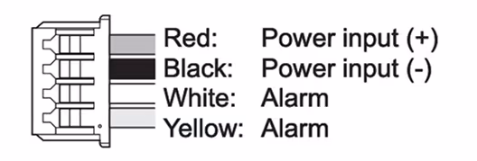 Connector pinout showing red and black as power inputs, white and yellow as alarm wires.