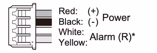 Wiring diagram showing red and black for power, white and yellow for alarm signals on a connector.