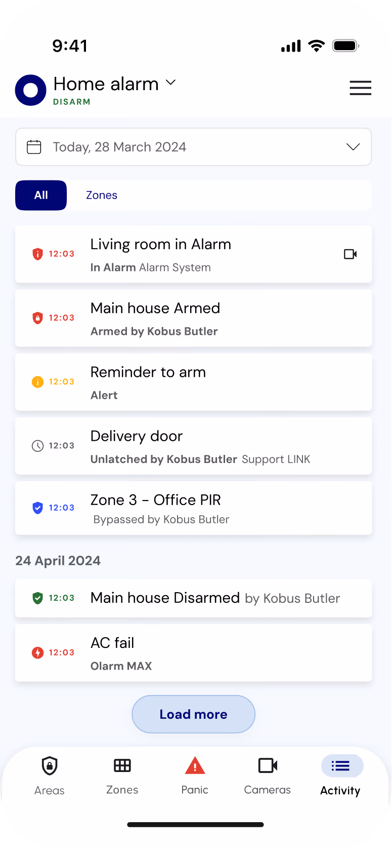 Olarm APP camera linked to a zone