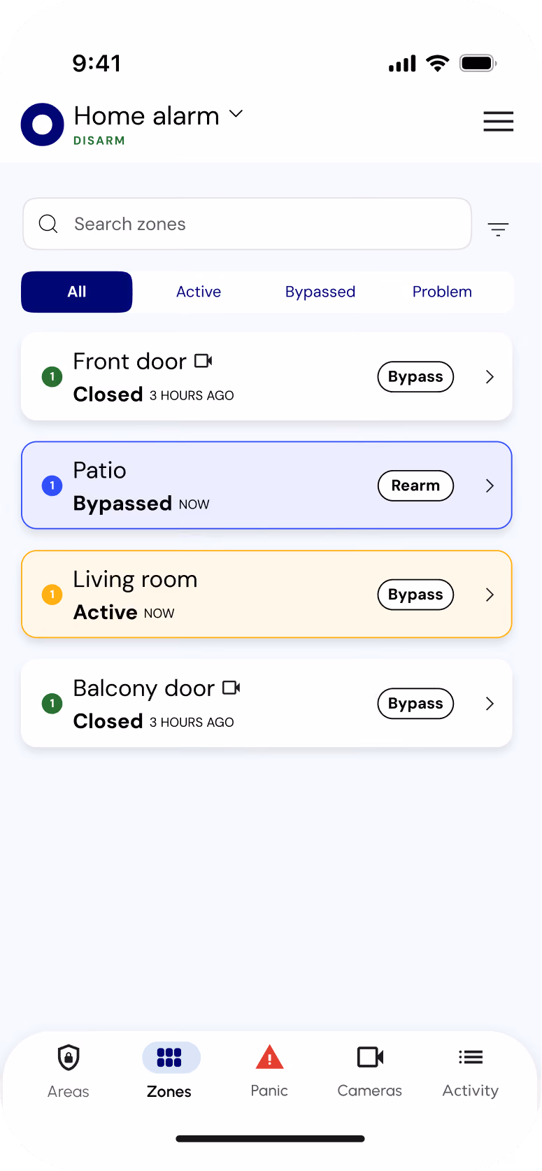 Olarm APP zones with one bypassed