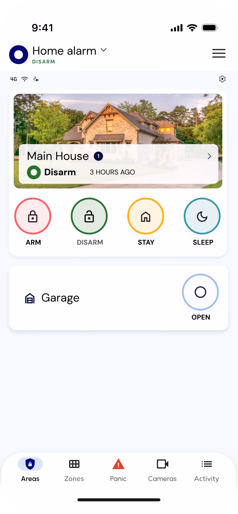 Olarm APP home screen with arm, stay, sleep and disarm