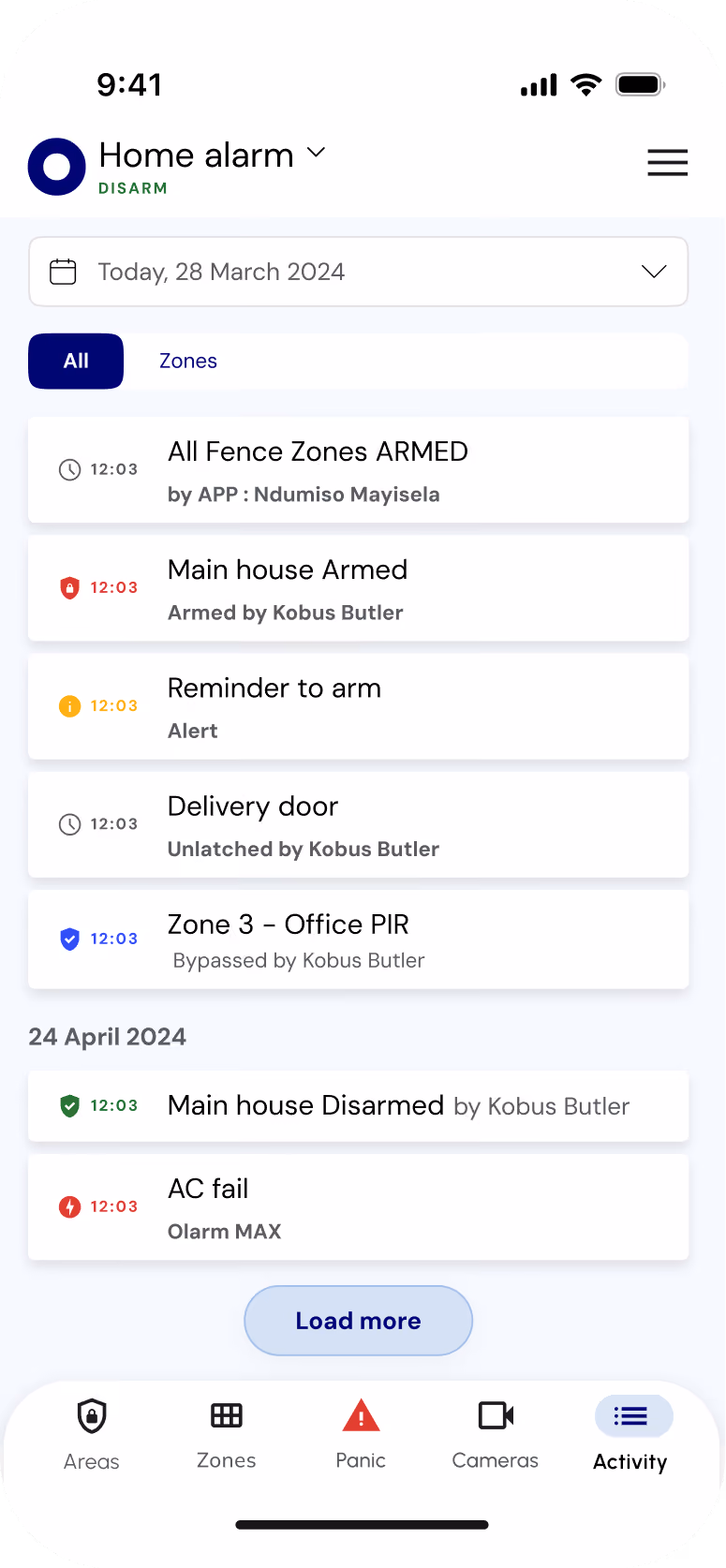 Olarm APP fence event log