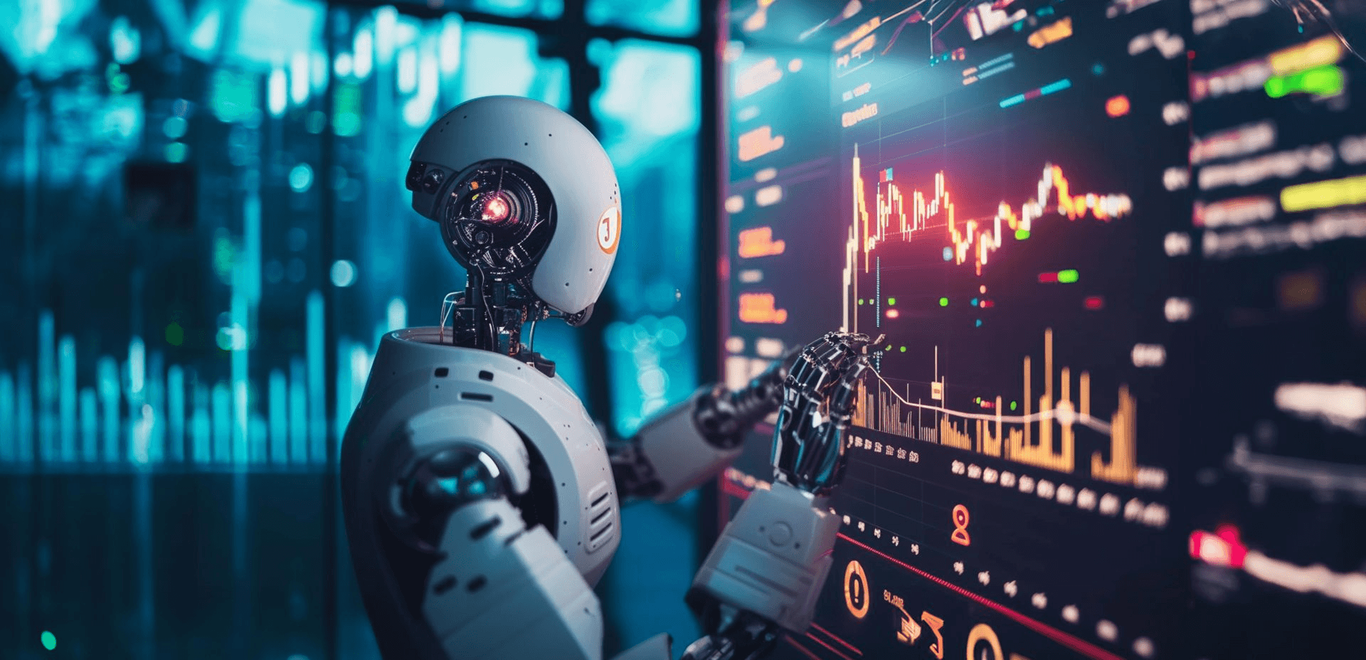 Robot analyzing digital stock market charts -  Is AI Trading Profitable