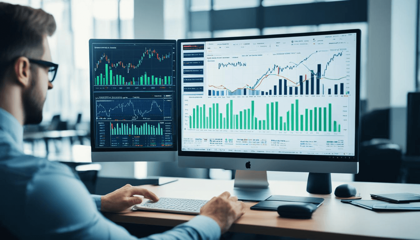 Man analyzing multiple stock market displays -  Free Backtesting Trading Strategies