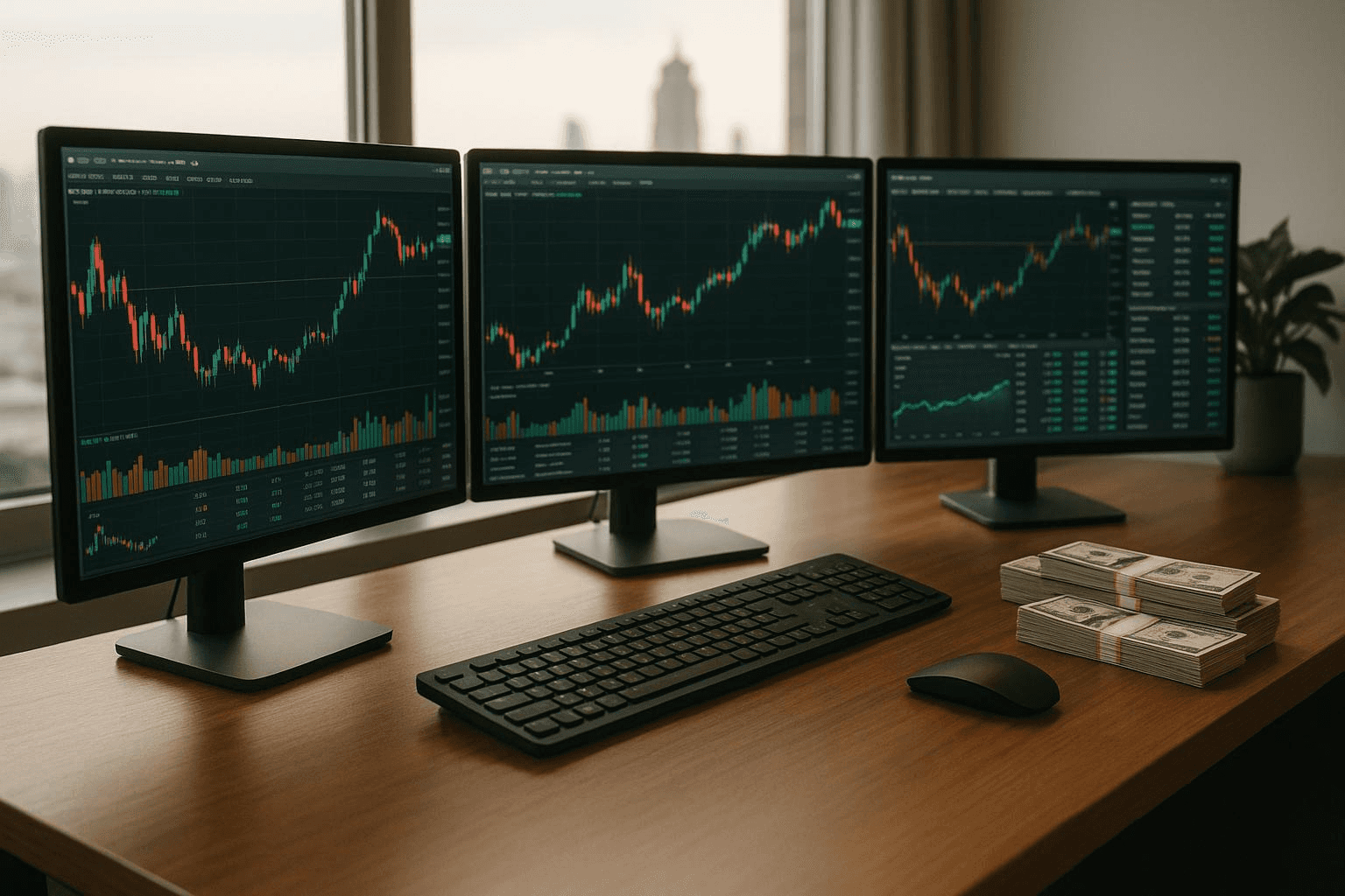 Three computer monitors displaying stock charts - Best Prop Firms for Forex