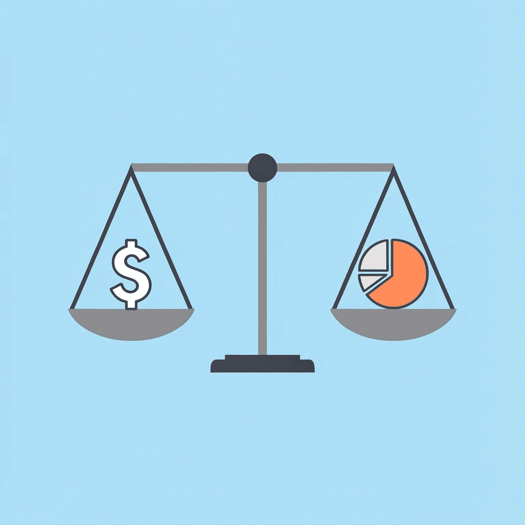 Balance scale showing profit split distribution between trader and prop firm, illustrating the 50-90% range