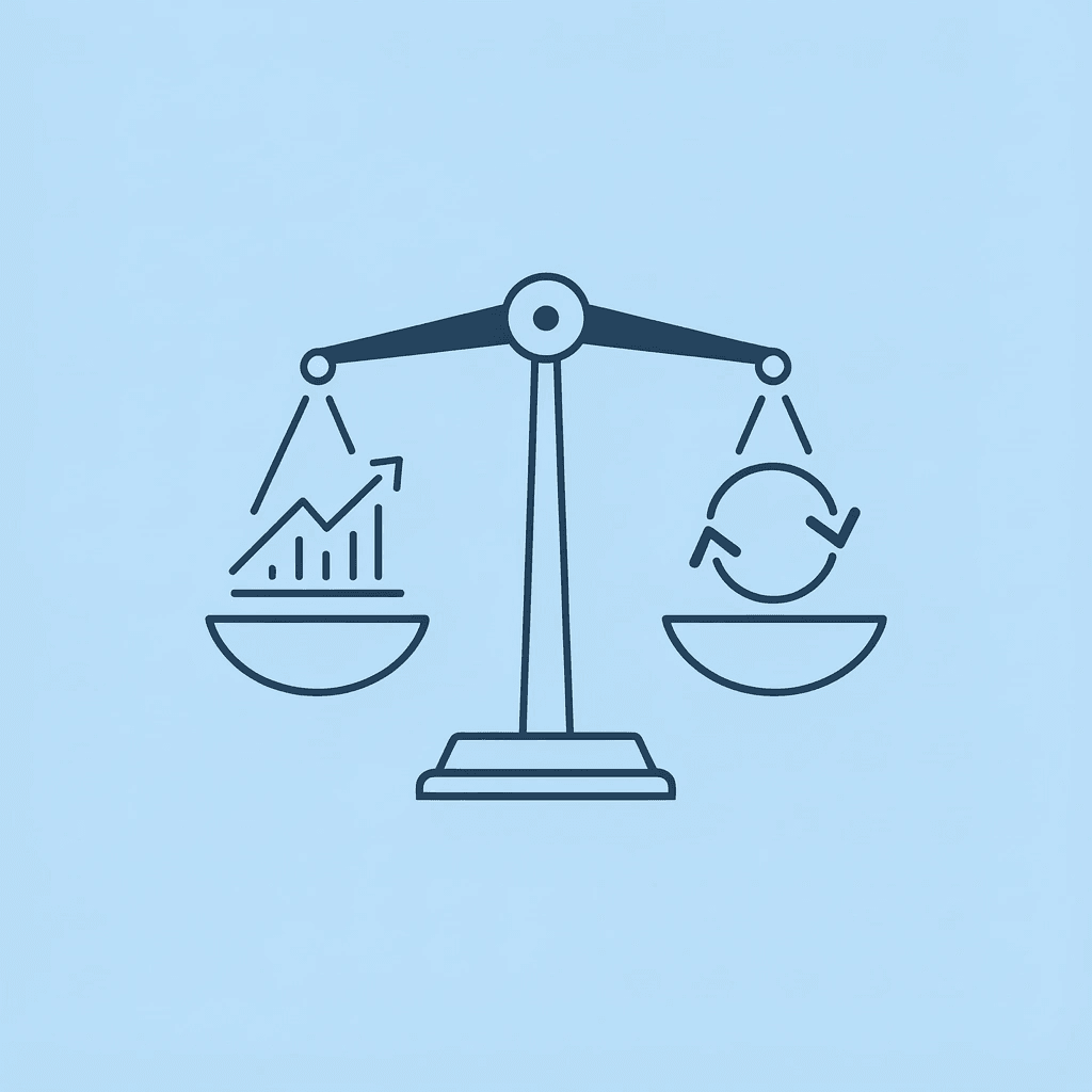 Balance scale comparing Balance-based drawdown measurement on one side versus temporary market fluctuations on the other