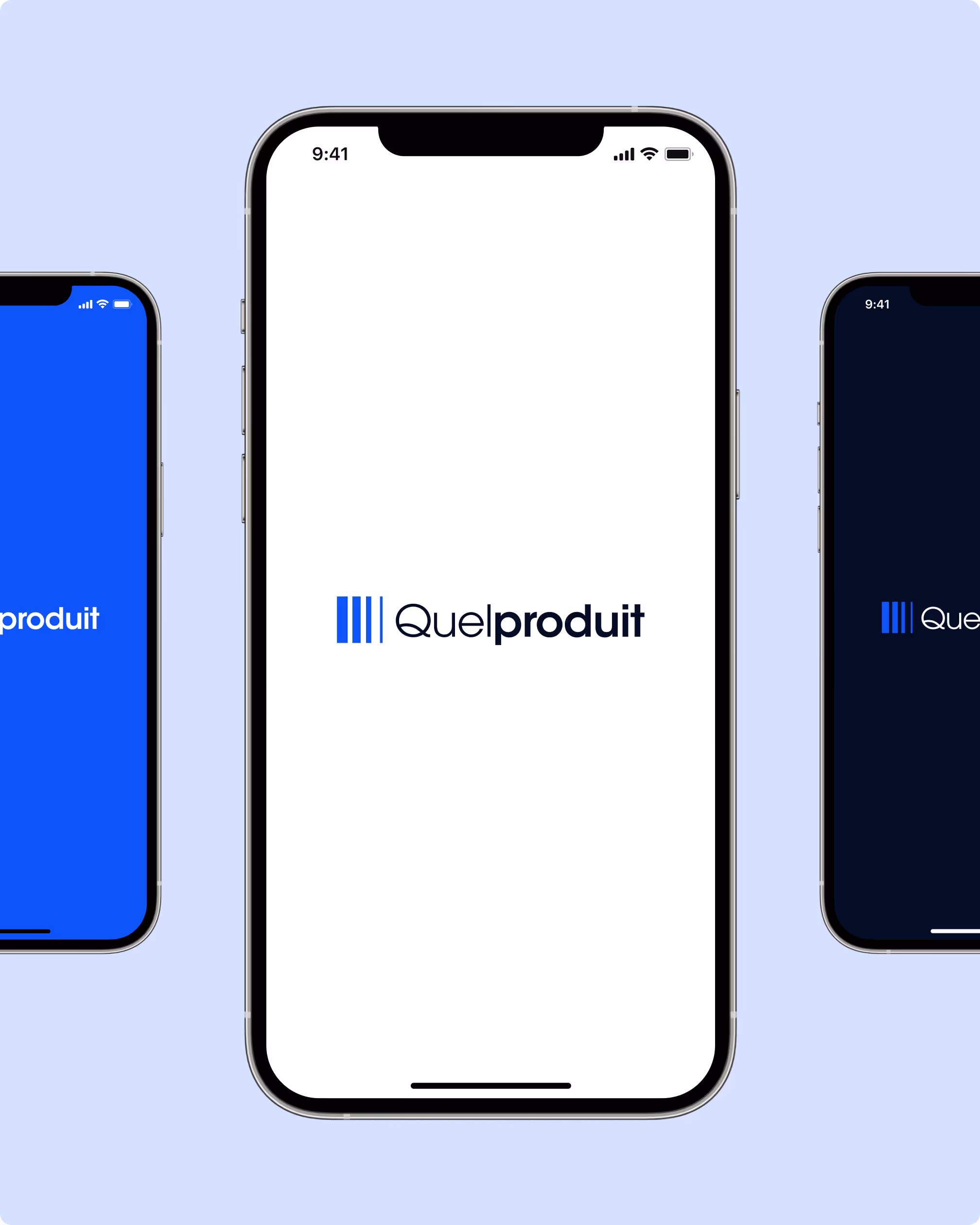 Trois smartphones affichant le logo Quelproduit sur fonds bleu, blanc et noir avec design moderne et minimaliste.