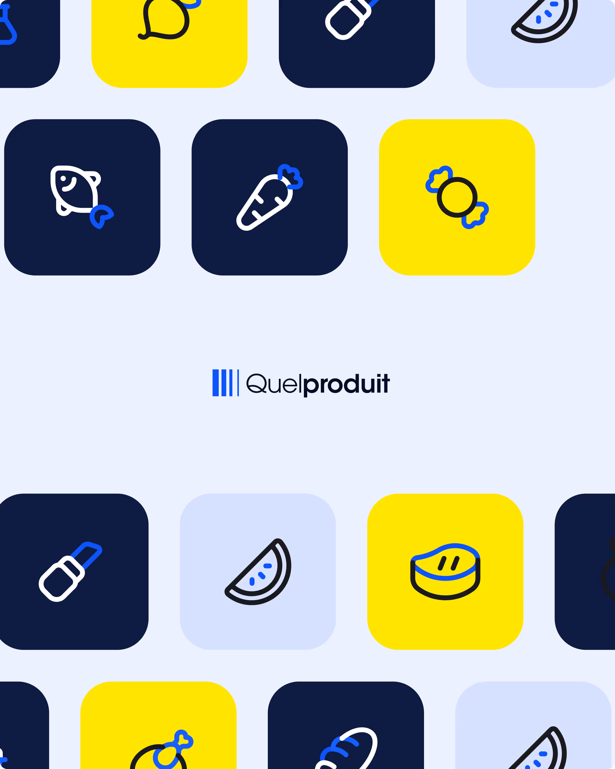 Fond clair avec motifs carrés bleus et jaunes contenant des icônes dessinées de poissons, carottes, bonbons et fruits autour du logo Quelproduit.