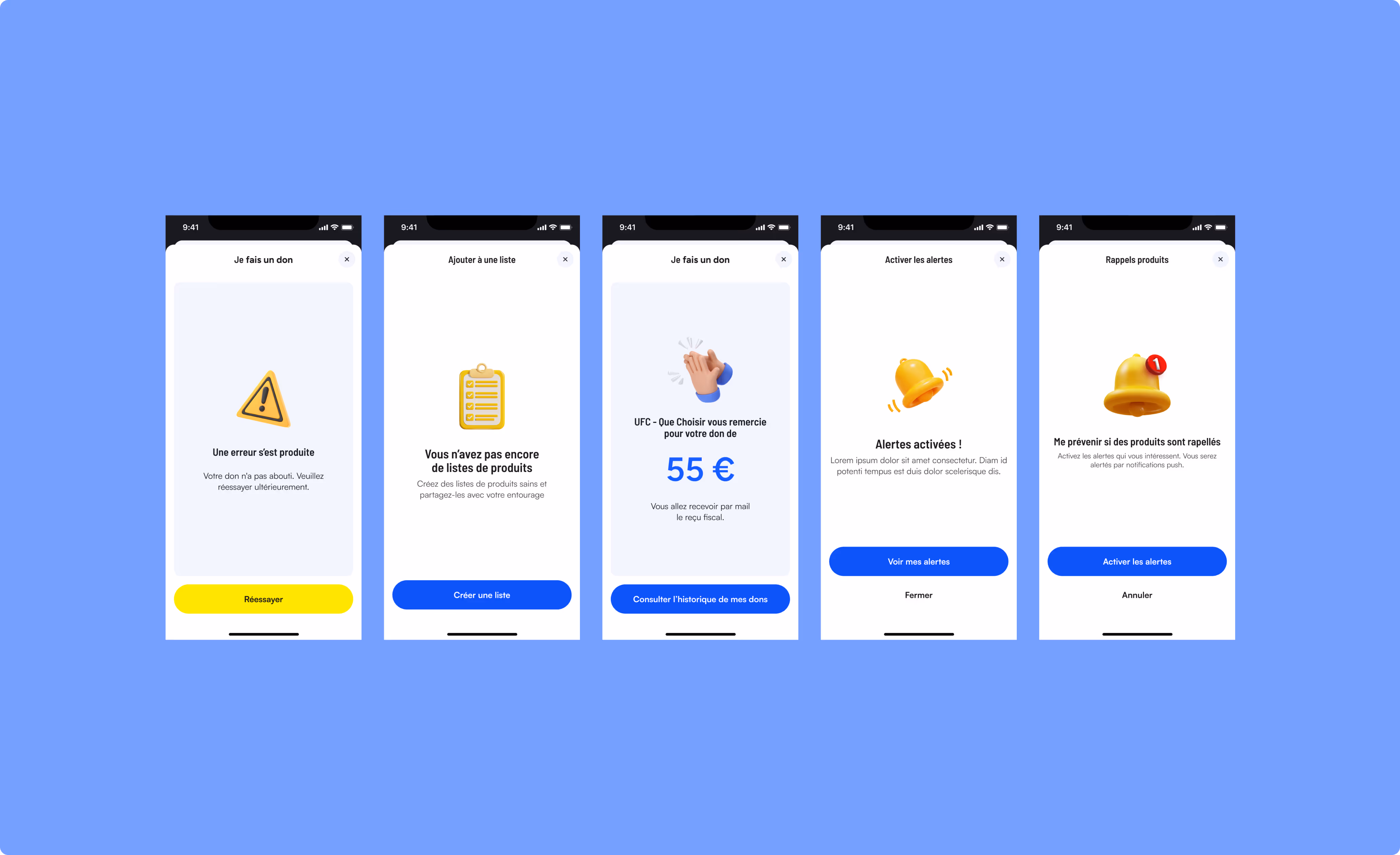 Cinq écrans de l’application Quelproduit sur fond bleu affichant des messages variés comme erreur de don, liste vide, confirmation de don et activation d’alertes.