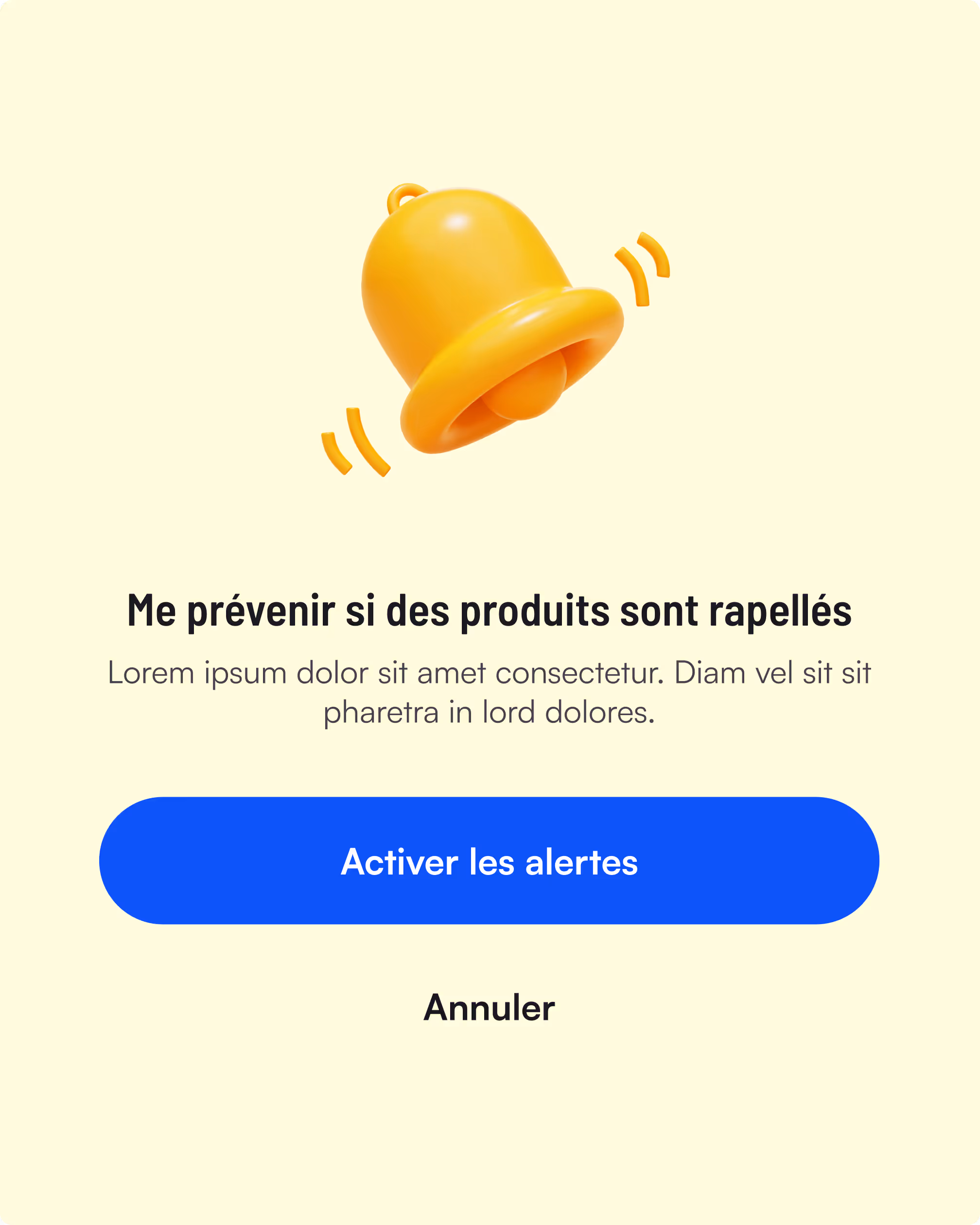 Écran de l’application Quelproduit avec une cloche jaune en 3D et un message proposant d’activer les alertes pour être prévenu en cas de rappel produit.