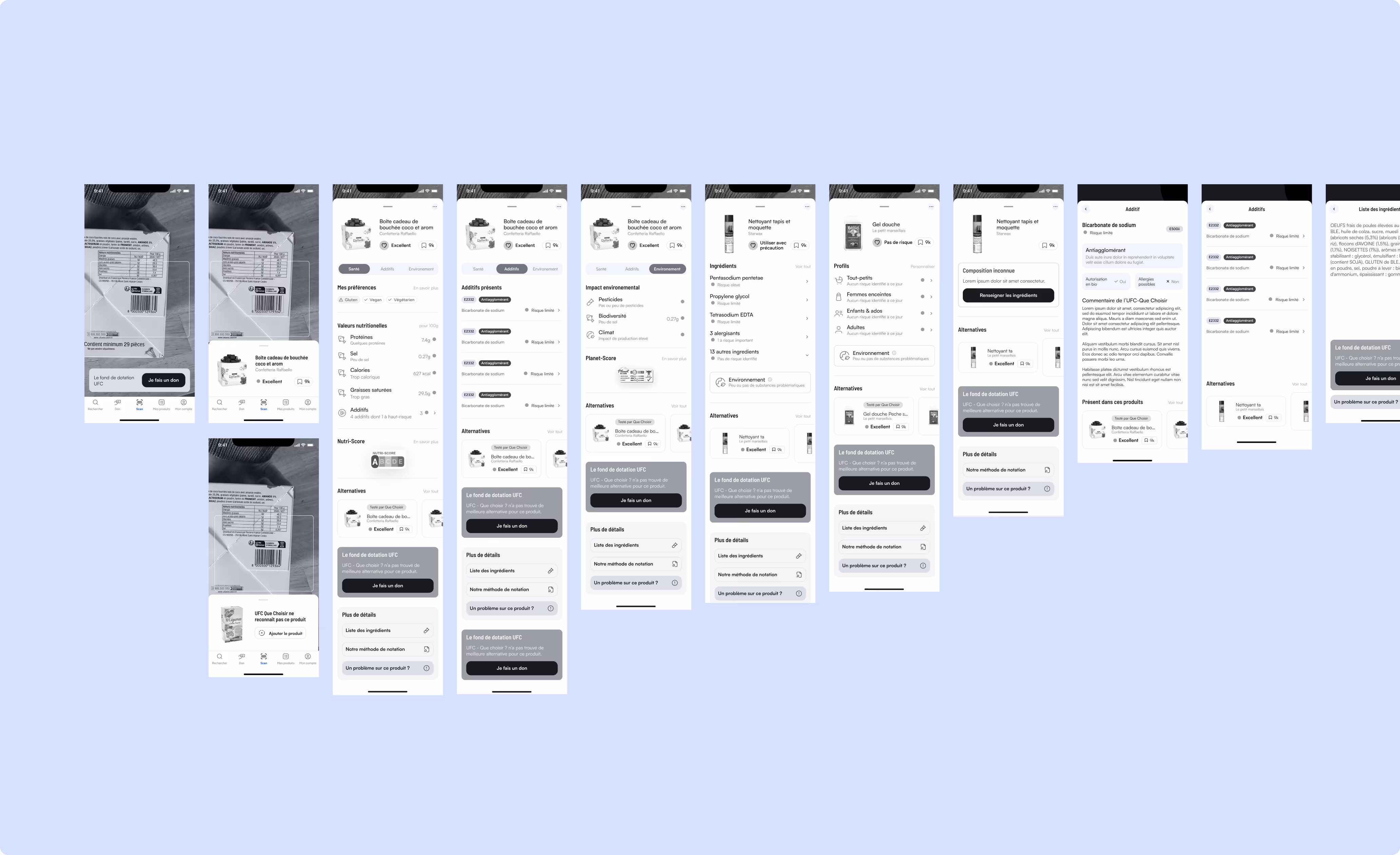 Enchaînement de plusieurs écrans en noir et blanc de l’application Quelproduit montrant fiches produits, ingrédients, additifs et alternatives.