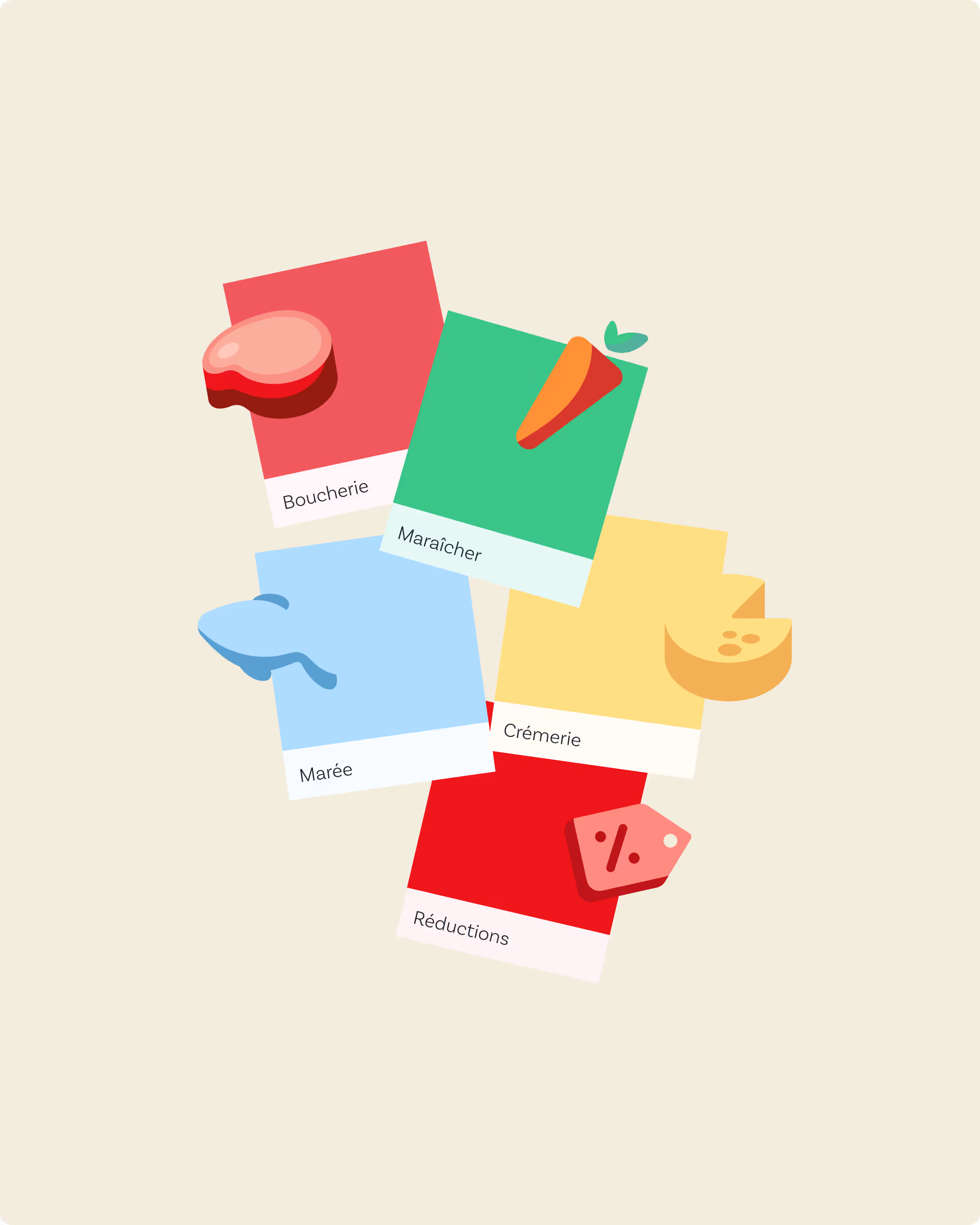 Illustrations colorées boucherie, maraîcher, marée, crèmerie et réductions sur fond beige.