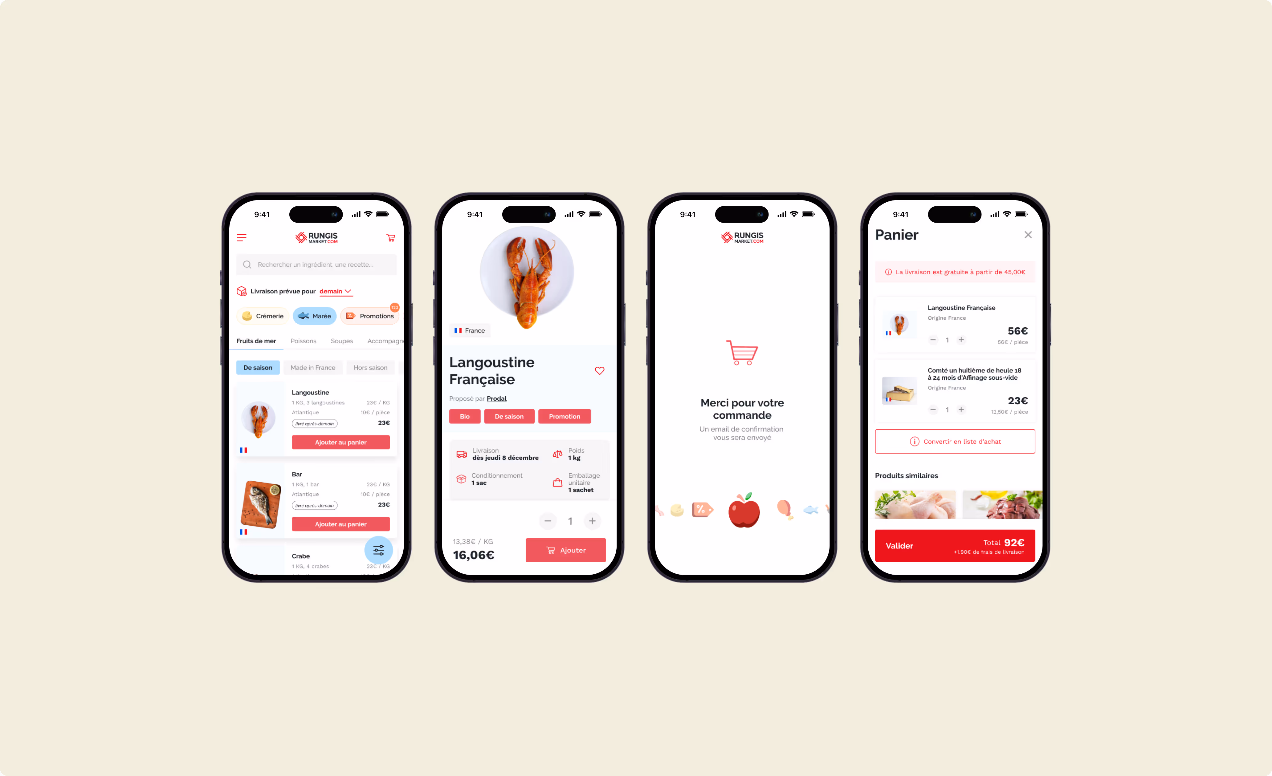 Quatre écrans de l’application mobile Rungis Market montrant la sélection de langoustine française, la fiche produit, la confirmation de commande et le panier avec prix et livraison.