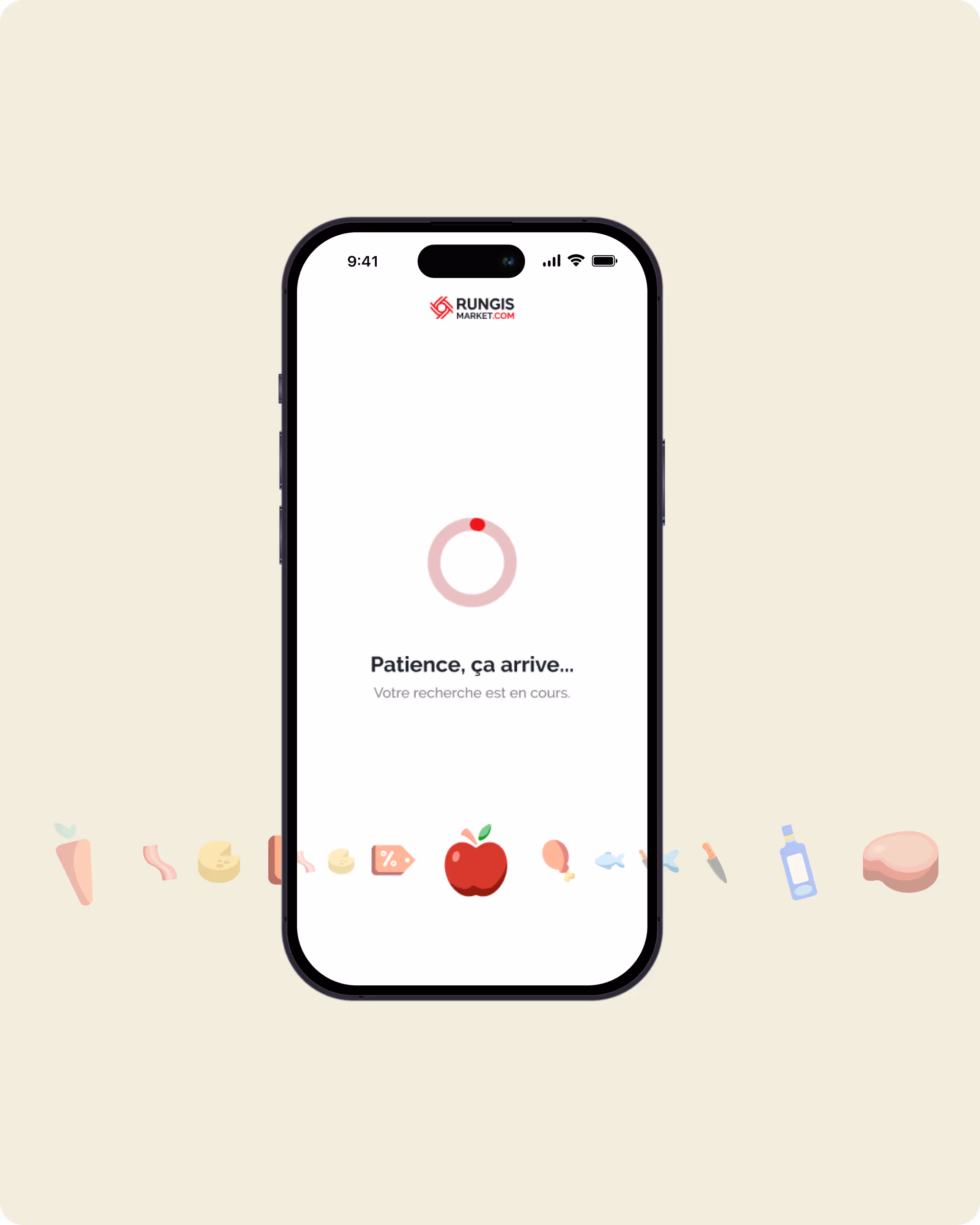 Smartphone affichant un écran de chargement de l’application Rungis Market avec la phrase "Patience, ça arrive".