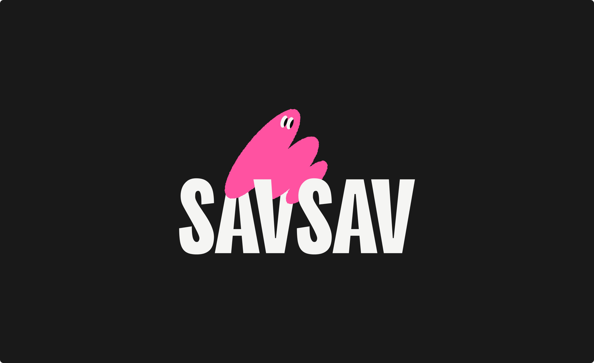 Logo SAVSAV en blanc avec forme rose sur fond noir.
