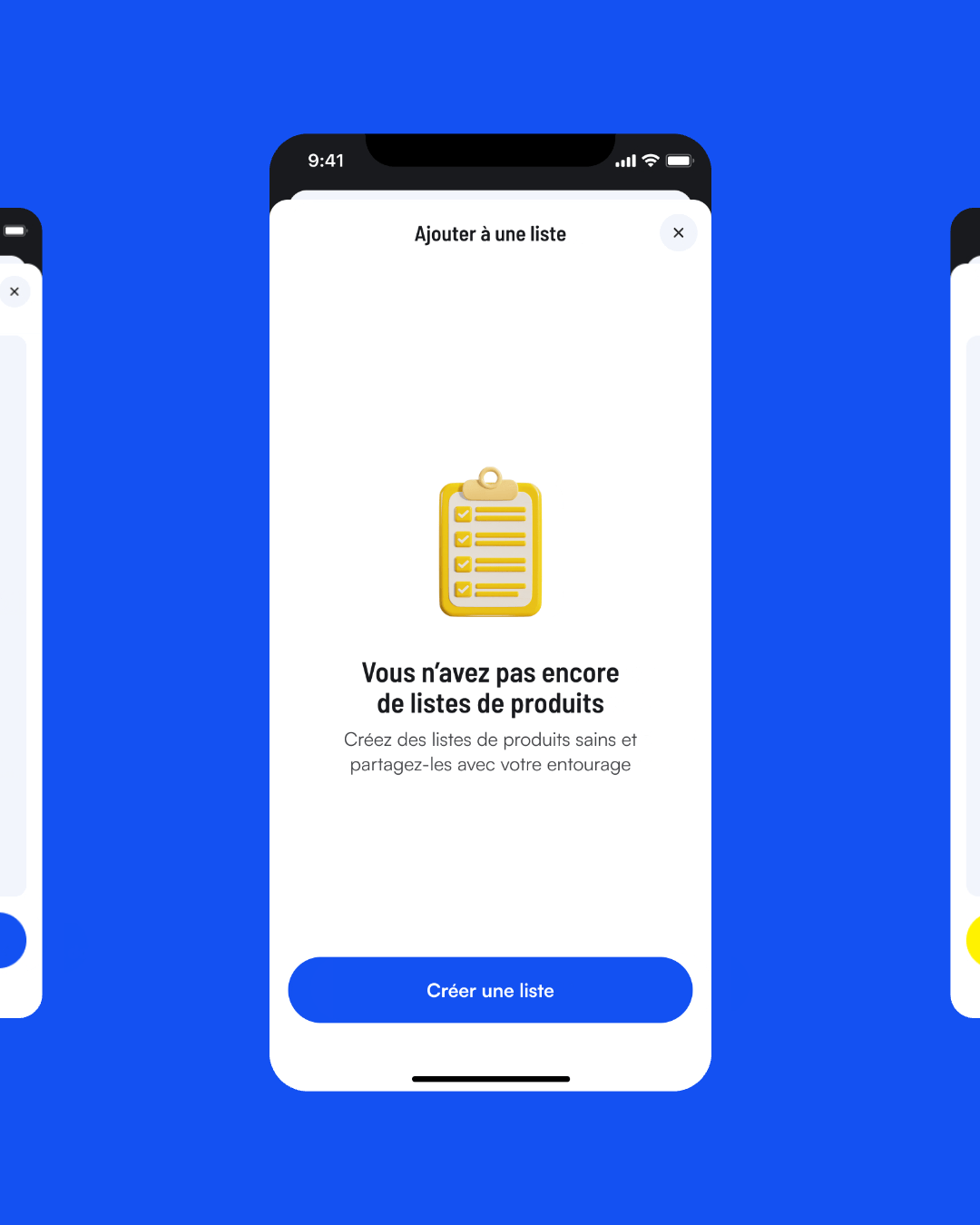 Écran de smartphone affichant l’application Quelproduit avec un message indiquant aucune liste de produits créée et une illustration de bloc-notes jaune sur fond bleu.