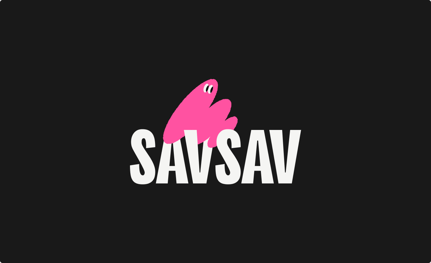 Logo SAVSAV en blanc avec forme rose sur fond noir.