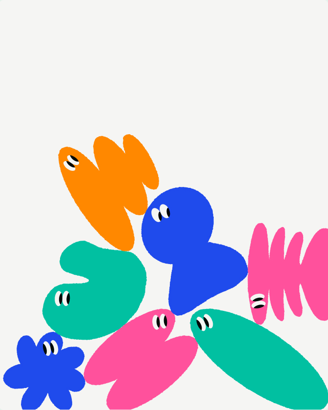 Une illustration SavSav colorée présente des formes organiques en bleu, orange, rose et vert avec des yeux stylisés.