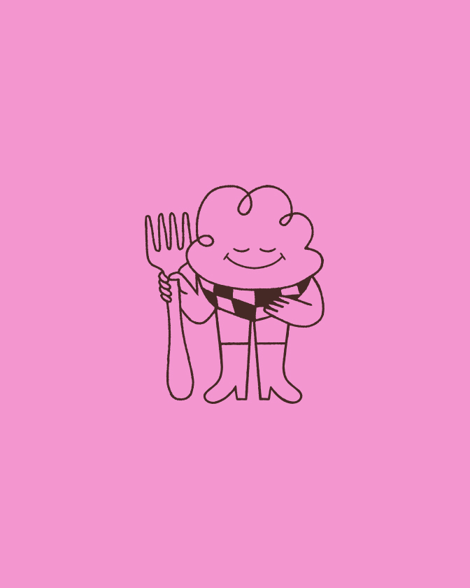 Illustration sur fond rose de la mascotte Mousse tenant une grande fourchette.