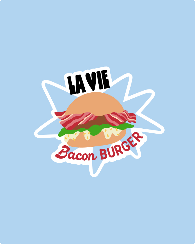 Logo La Vie Bacon Burger avec illustration de burger végétal sur fond bleu.