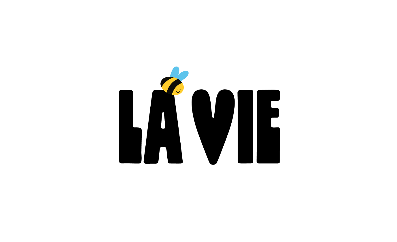 Logo La Vie en noir avec abeille jaune et bleue posée sur la lettre A.