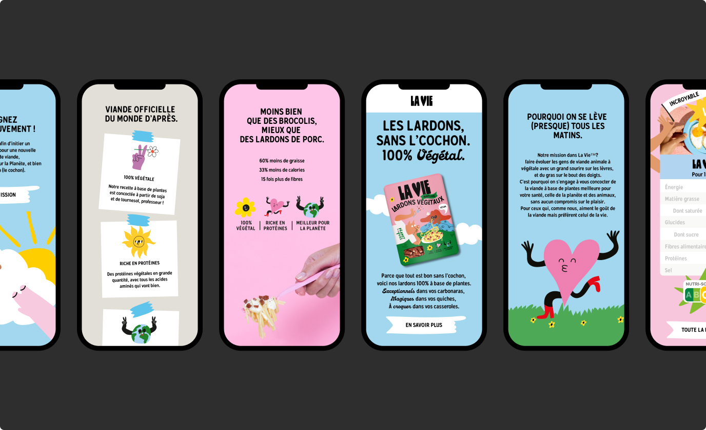 Série de six smartphones présentant différentes campagnes publicitaires La Vie.