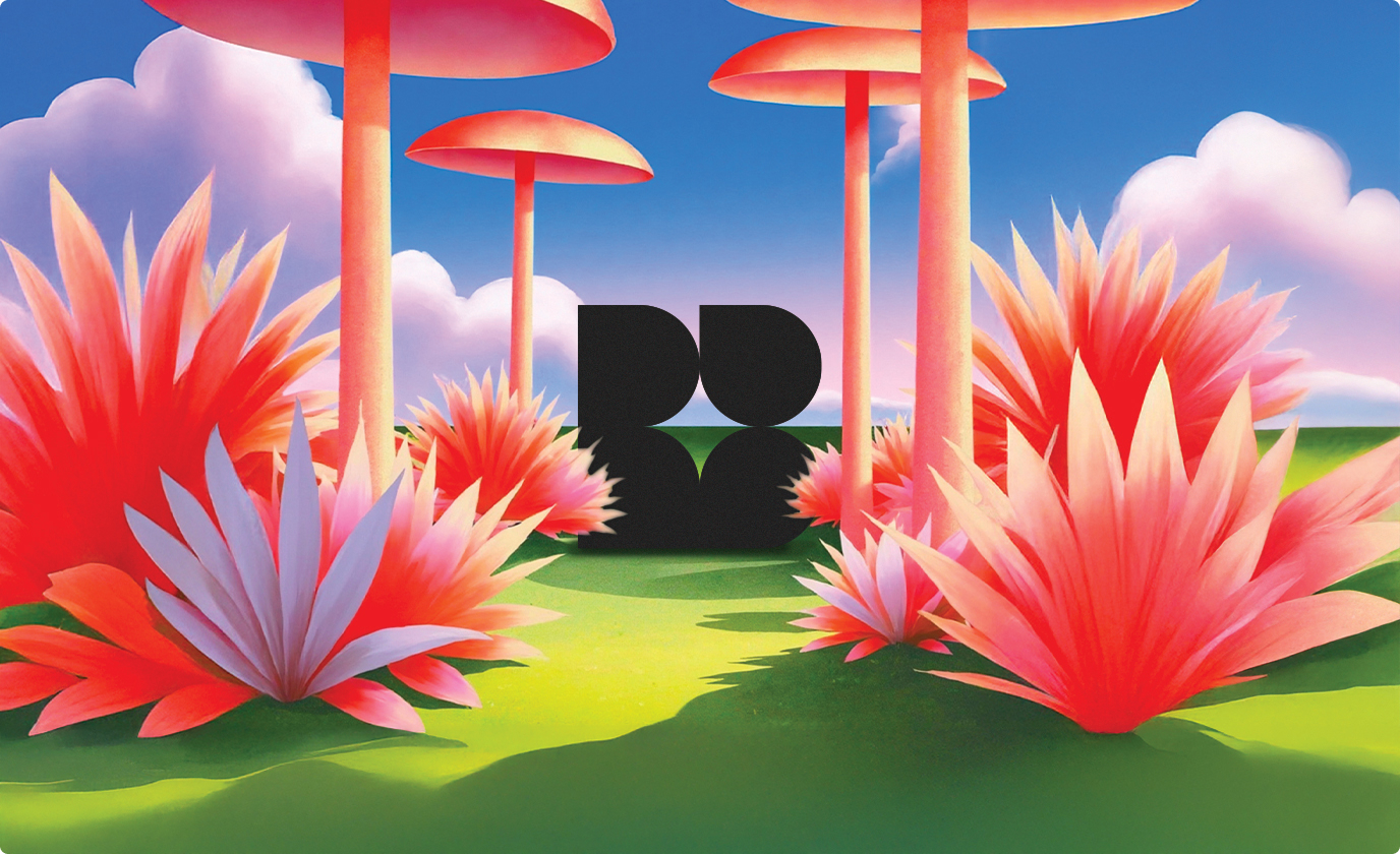 Illustration colorée avec plantes et champignons rouges entourant logo noir stylisé.