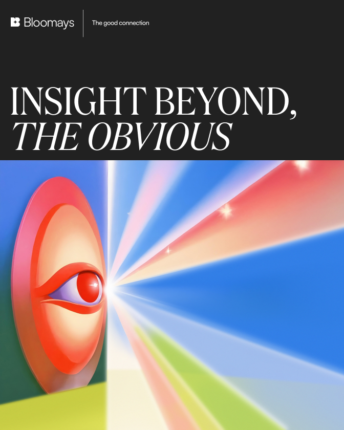 Illustration colorée avec œil rouge et faisceaux lumineux, texte Insight Beyond the Obvious.