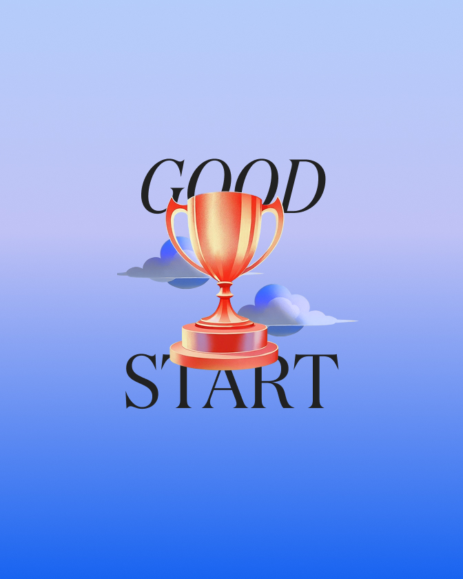 Illustration d’un trophée orange avec texte Good Start sur fond bleu.