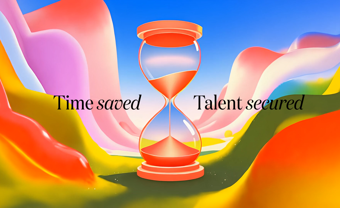 Illustration d’un sablier orange sur fond coloré avec texte Time saved Talent secured.