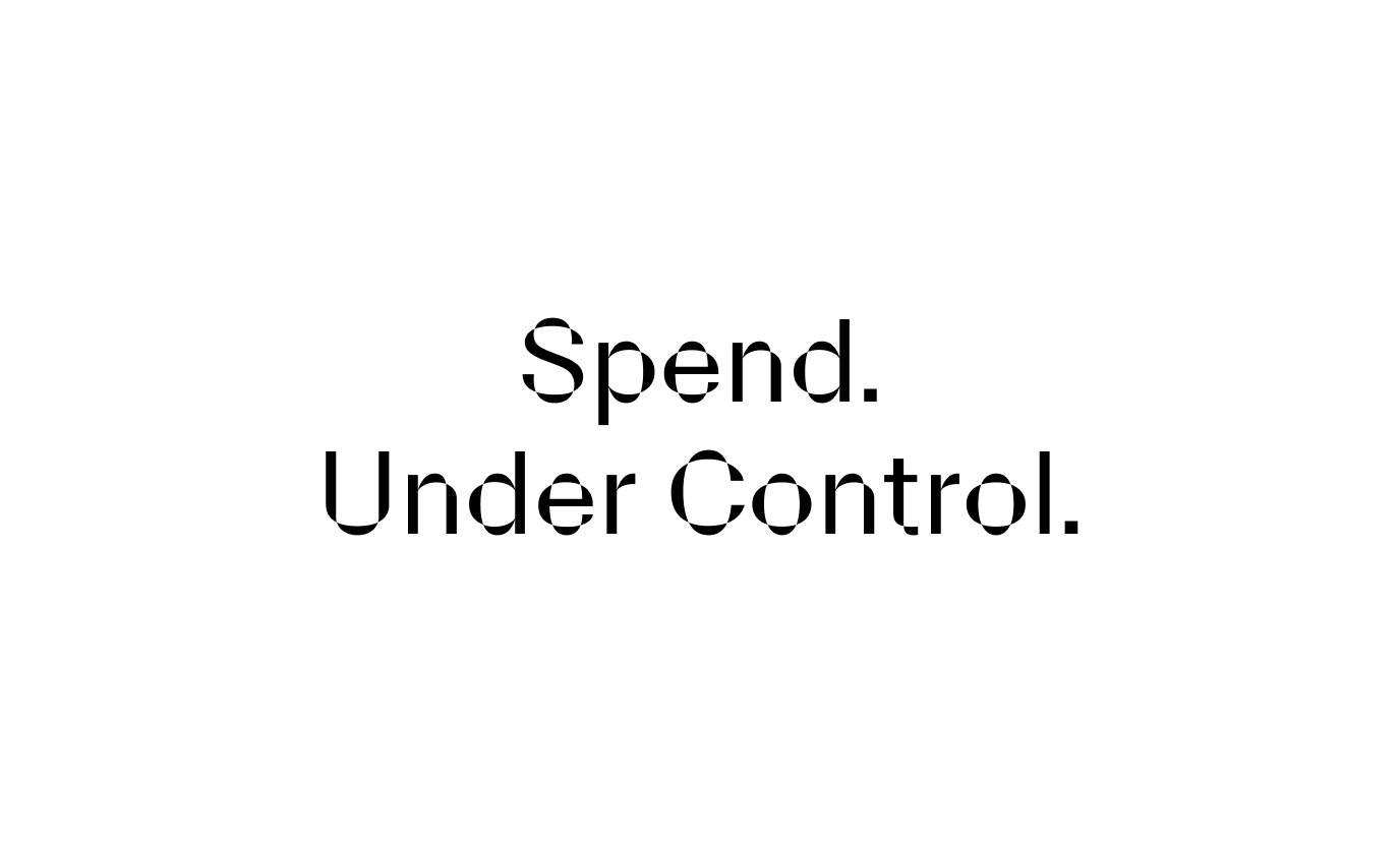 Texte promotionnel Spend Under Control en noir sur fond blanc minimaliste.