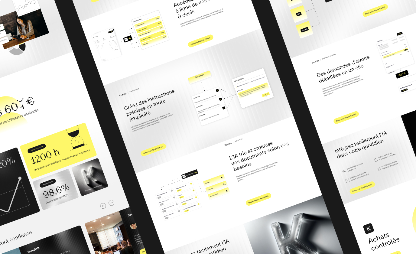 Maquettes de pages web Koncile présentant interface moderne en blanc, noir et jaune.