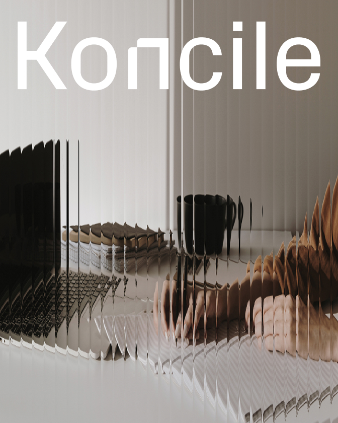 Visuel Koncile avec effet graphique déformé et typographie blanche.