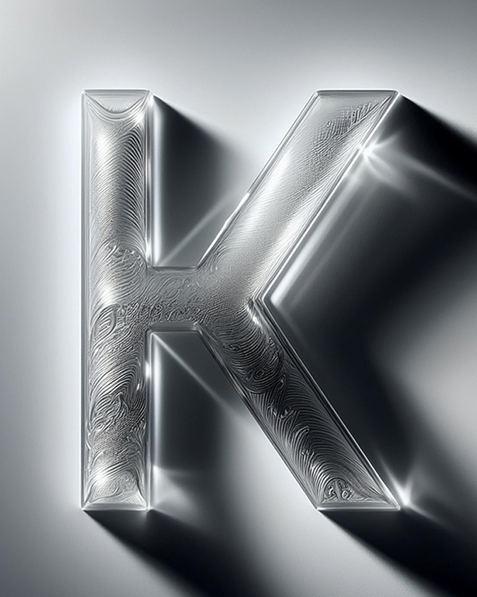 Lettre K en 3D effet métallique avec ombre projetée.