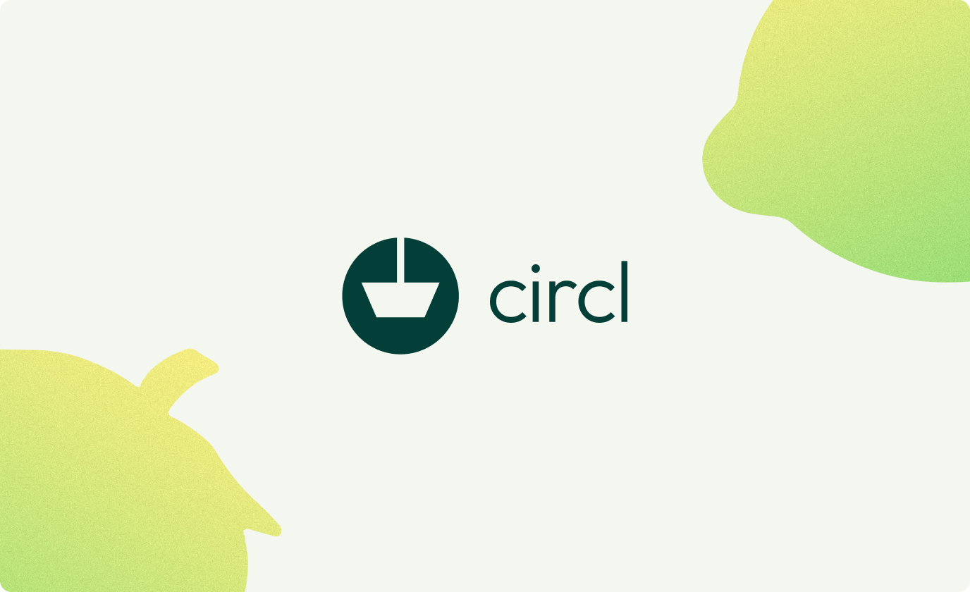 Logo Circl avec icône de panier vert sur fond clair décoré de formes fruitées.
