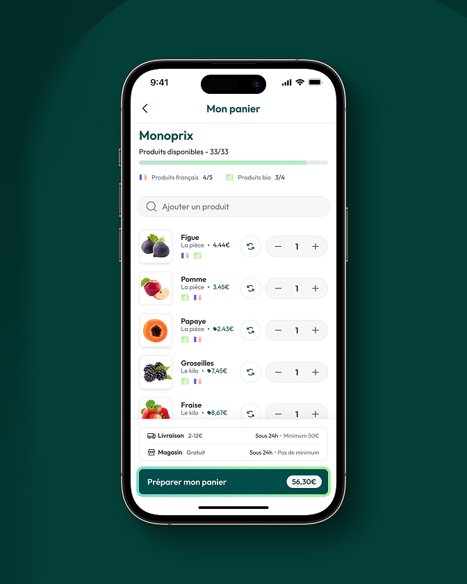Smartphone affichant une interface mobile de commande avec liste de produits et prix.