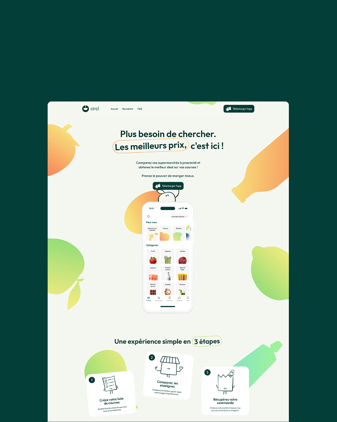 Page de présentation colorée d’une application mobile avec icônes, fruits stylisés et interface claire.