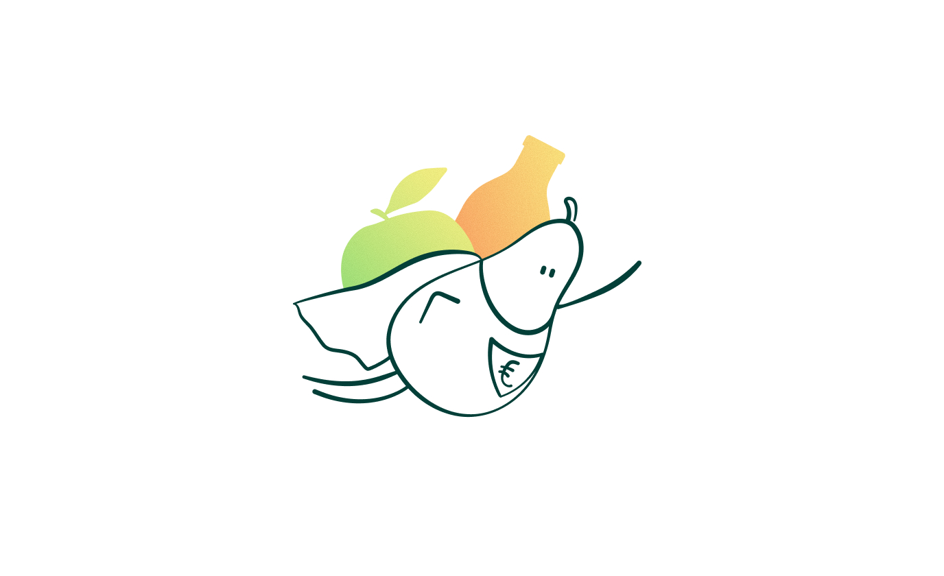 Illustration vectorielle d’un personnage souriant avec fruits verts et oranges sur la tête.