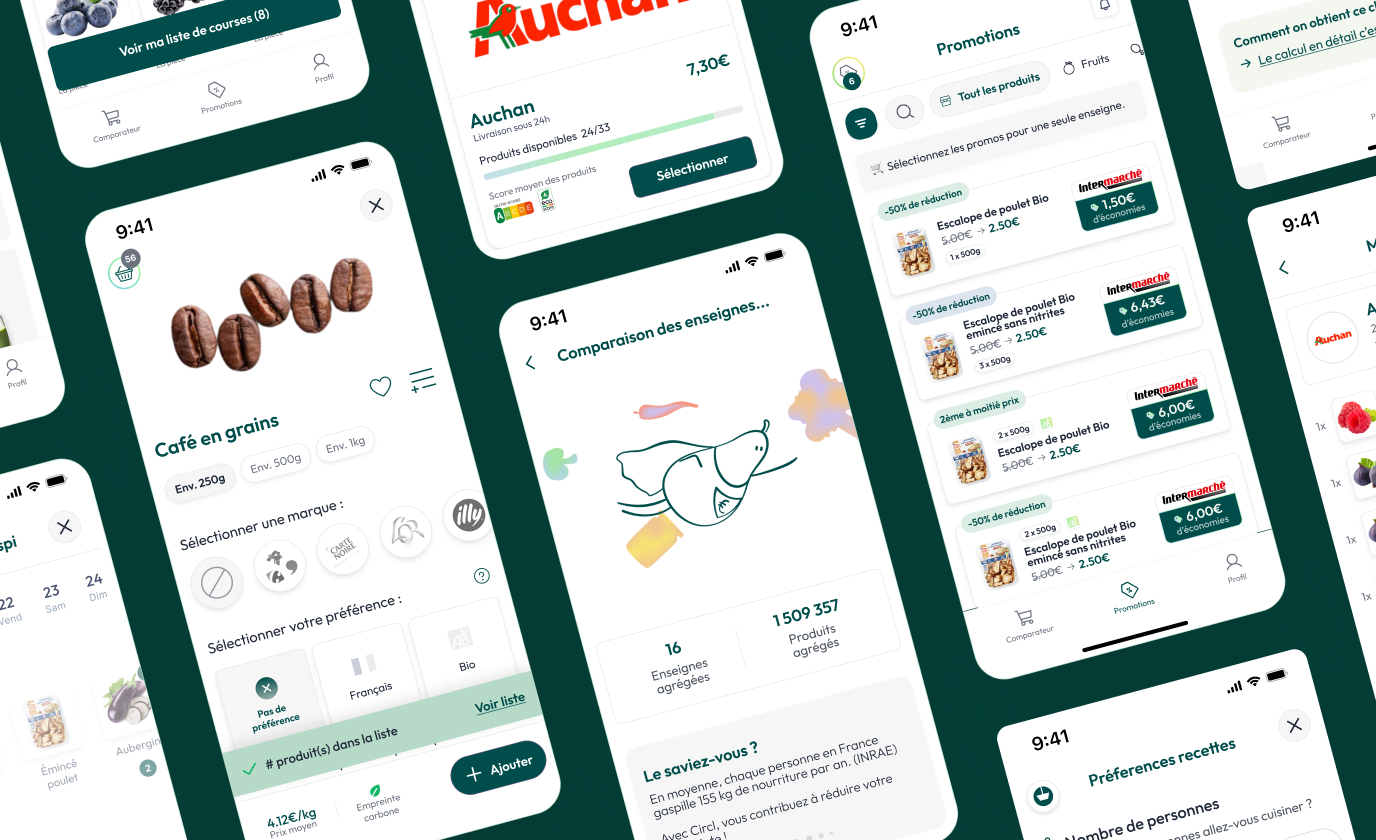 Écrans d’application mobile affichant interface de commande, produits, promotions et illustrations colorées.