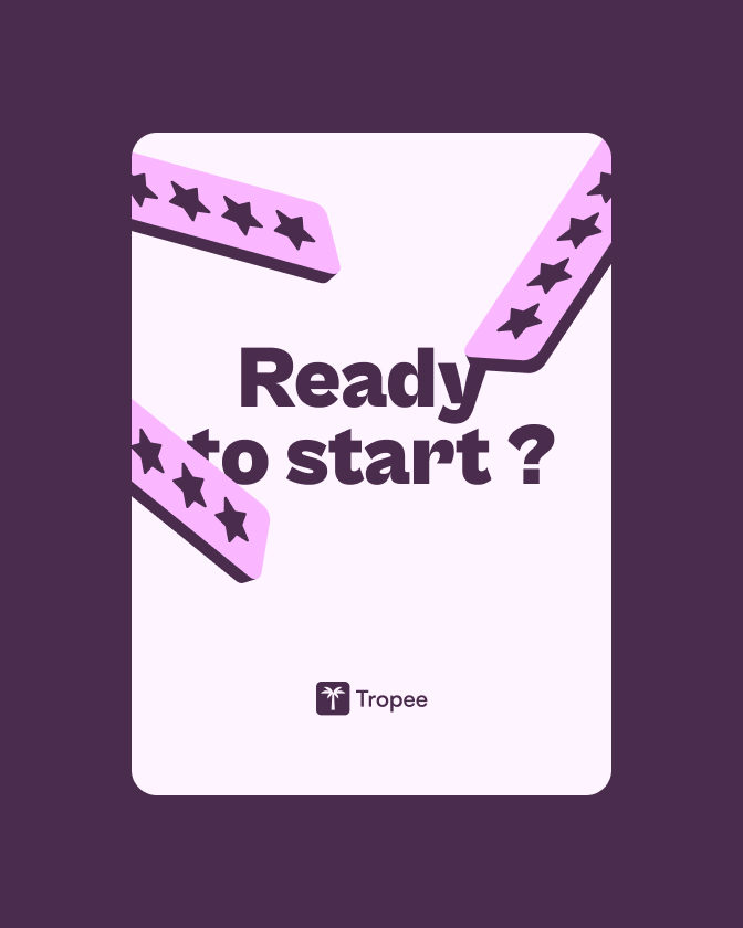 Visuel Tropee Ready to start avec étoiles violettes et typographie bold sur fond rose