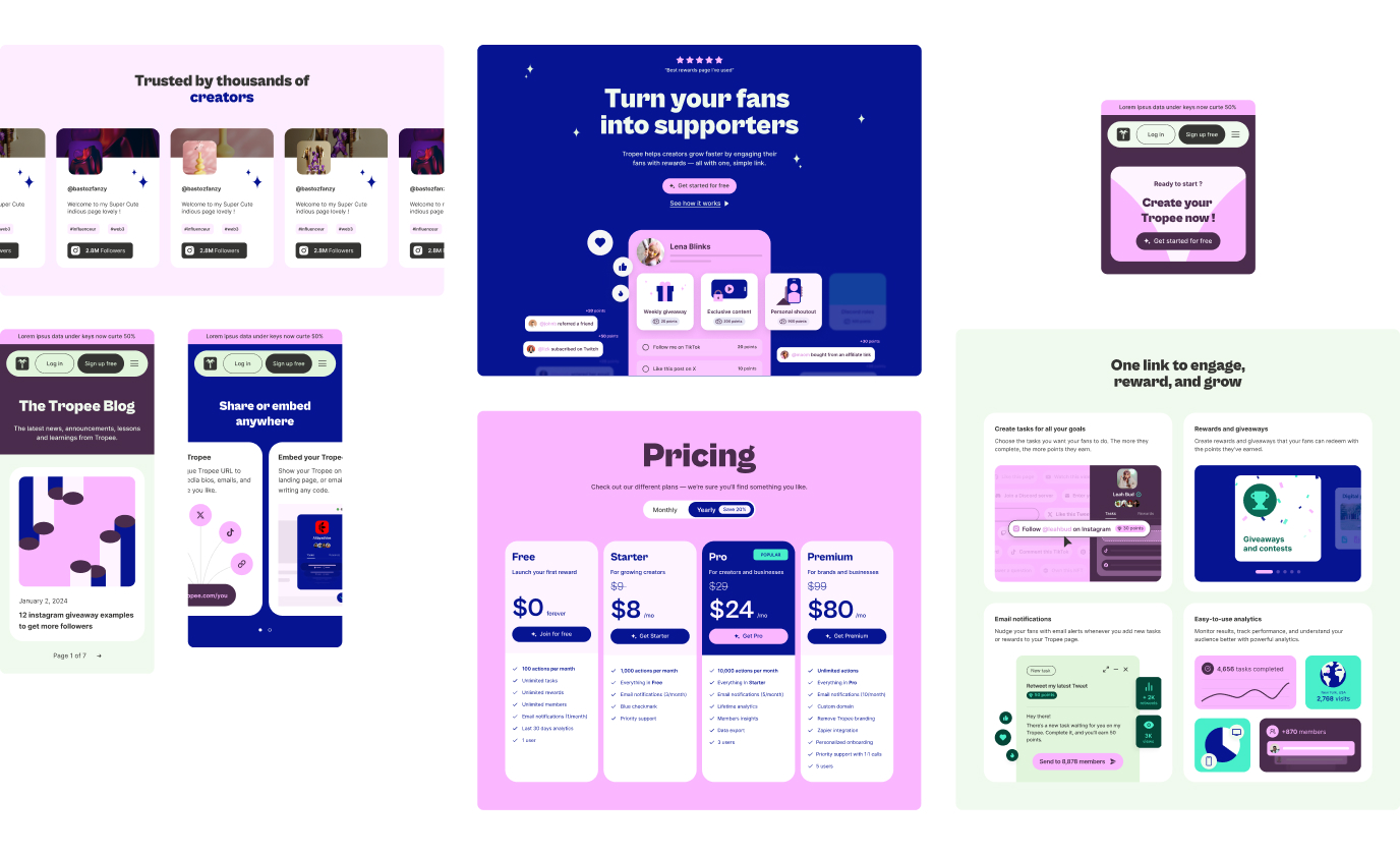 Interface design Tropee : écrans UI de blog, pricing et application en bleu, rose et vert