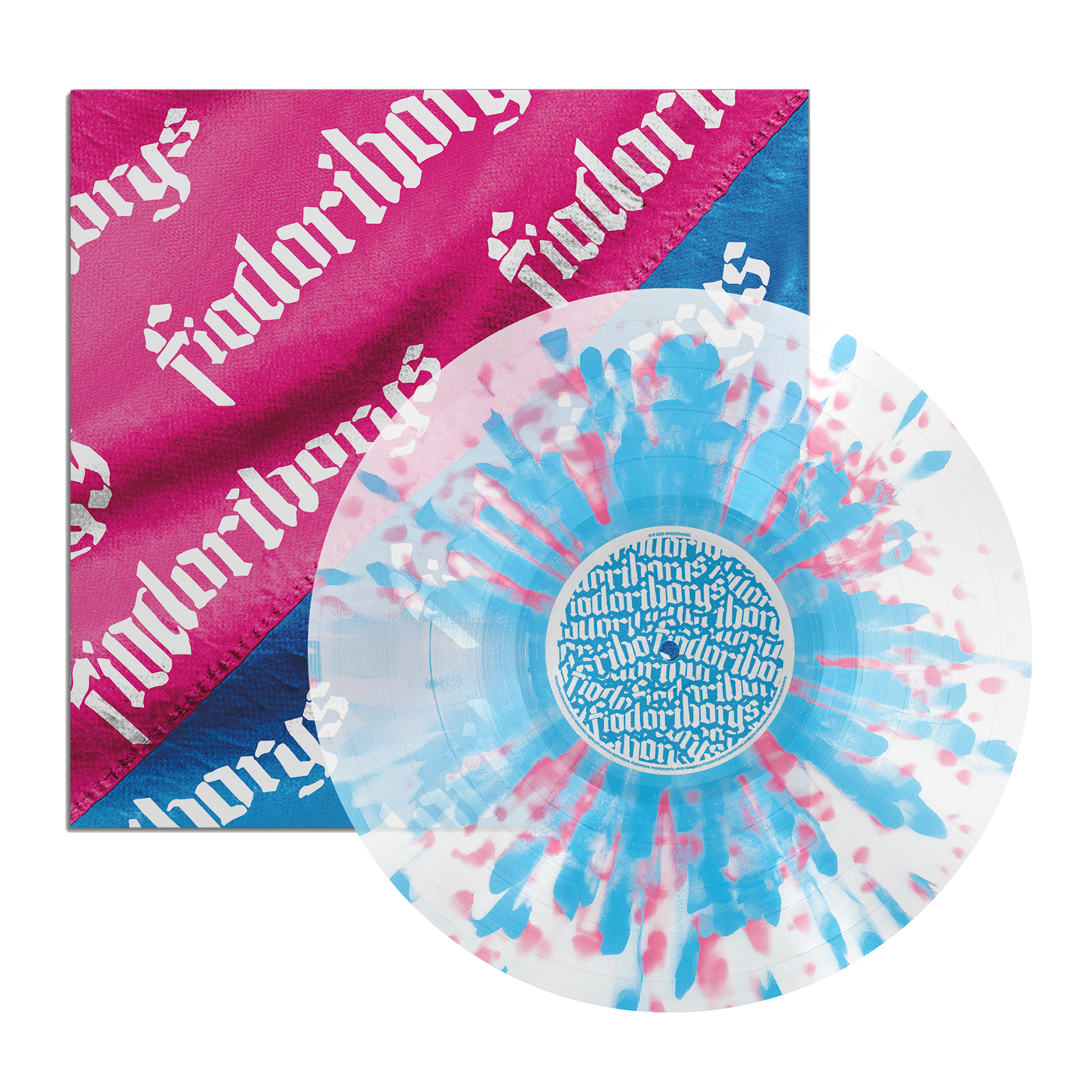 product photo of a vinyl packaging with black vinyl record sticking out of cover