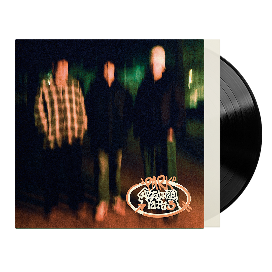 product photo of a vinyl packaging with black vinyl record sticking out of cover